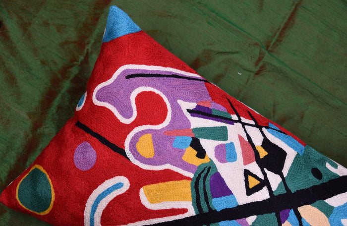 Kashmir Designs Kandinsky Decorative Pillow Cover Red Painting Abstract Cushion Wool HandEmbroidered 14x20 - Kashmir Designs