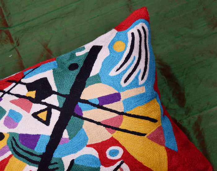 Kashmir Designs Kandinsky Decorative Pillow Cover Red Painting Abstract Cushion Wool HandEmbroidered 14x20 - Kashmir Designs