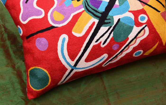 Kashmir Designs Kandinsky Decorative Pillow Cover Red Painting Abstract Cushion Wool HandEmbroidered 14x20 - Kashmir Designs