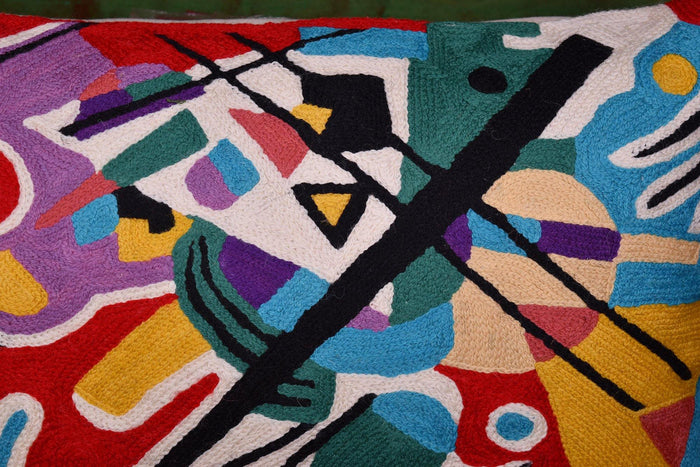Kashmir Designs Kandinsky Decorative Pillow Cover Red Painting Abstract Cushion Wool HandEmbroidered 14x20 - Kashmir Designs