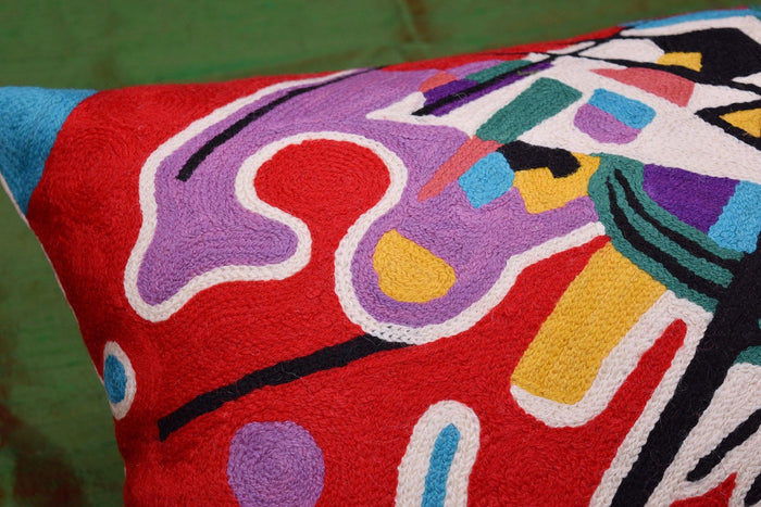 Kashmir Designs Kandinsky Decorative Pillow Cover Red Painting Abstract Cushion Wool HandEmbroidered 14x20 - Kashmir Designs
