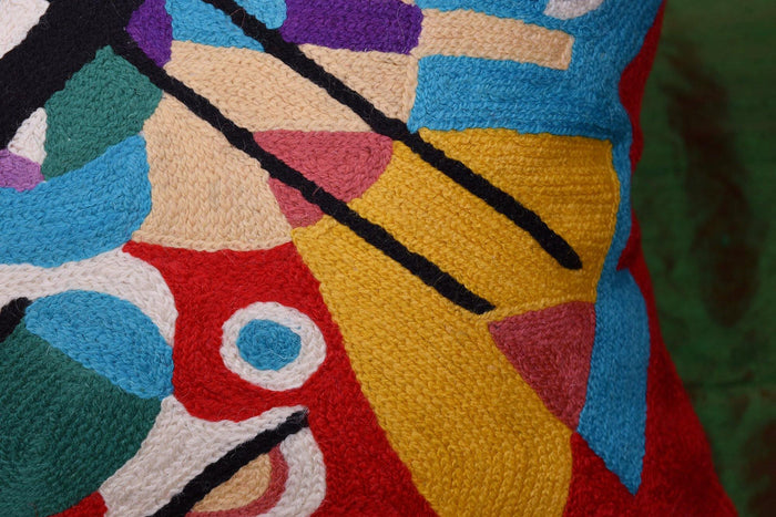 Kashmir Designs Kandinsky Decorative Pillow Cover Red Painting Abstract Cushion Wool HandEmbroidered 14x20 - Kashmir Designs