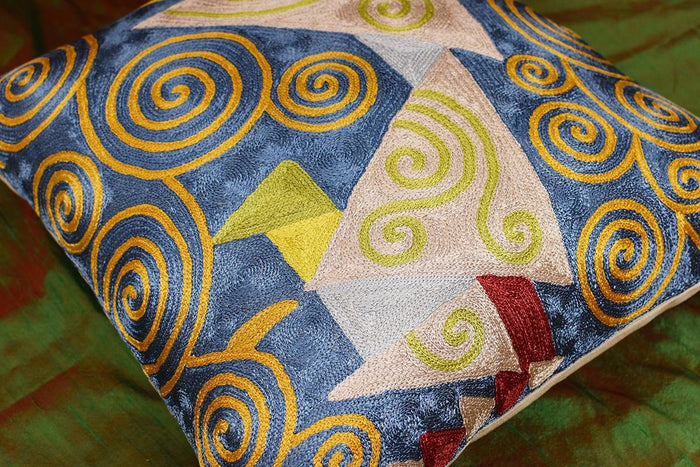 Klimt Cushion Cover Blue Jewel Tree III Silk Hand Embroidered, 18"x18" - KashmirDesigns