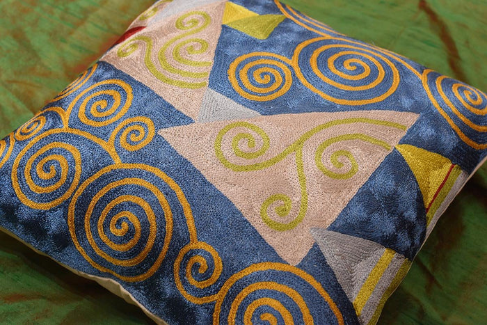 Klimt Cushion Cover Blue Jewel Tree III Silk Hand Embroidered, 18"x18" - KashmirDesigns