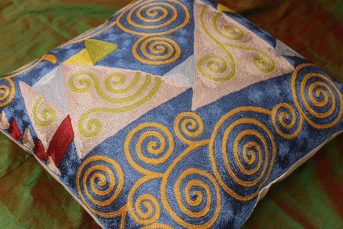 Klimt Cushion Cover Blue Jewel Tree III Silk Hand Embroidered, 18"x18" - KashmirDesigns