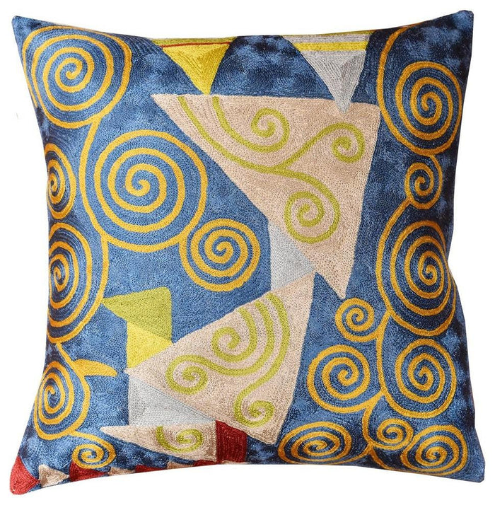 Klimt Cushion Cover Blue Jewel Tree III Silk Hand Embroidered, 18"x18" - KashmirDesigns