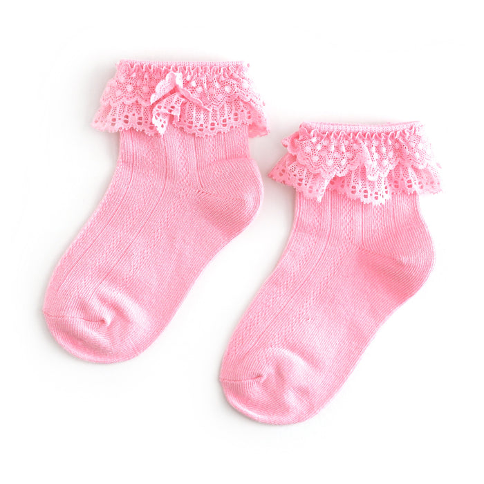 girls' pink bobby socks with pink lace trim