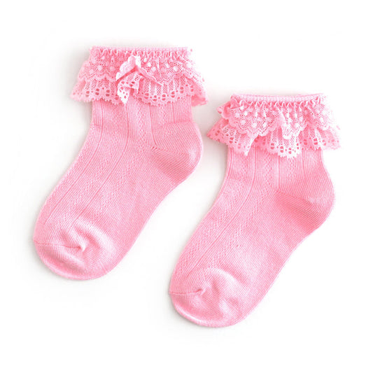 girls' pink bobby socks with pink lace trim