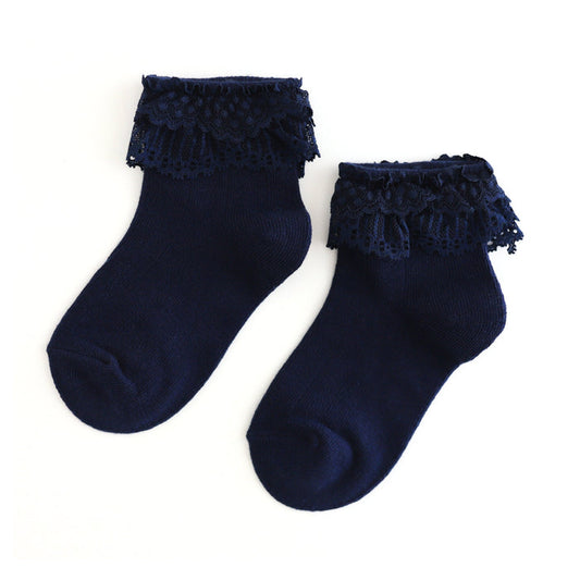 girls navy blue ankle socks with navy lace trim for school