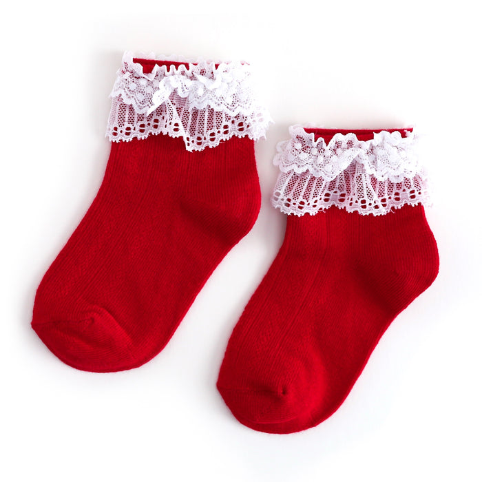 girls' red ankle socks with dainty knit pattern and white lace trim