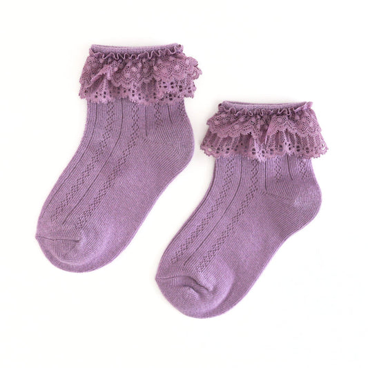 girls' fall purple pointelle ankle socks with lace trim