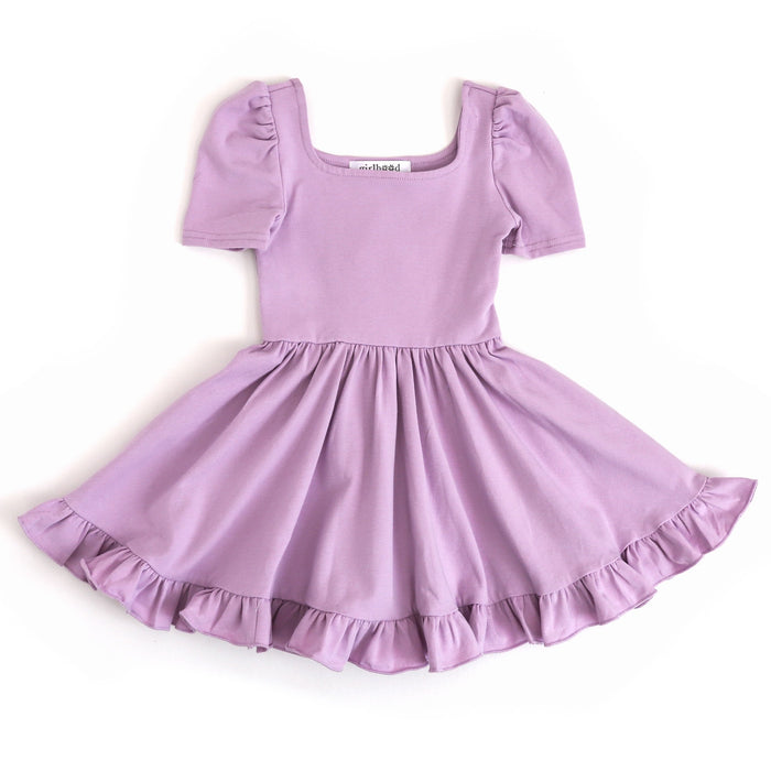 girls square neck cotton twirl dress in lavender for Valentine's Day coordinate and spring