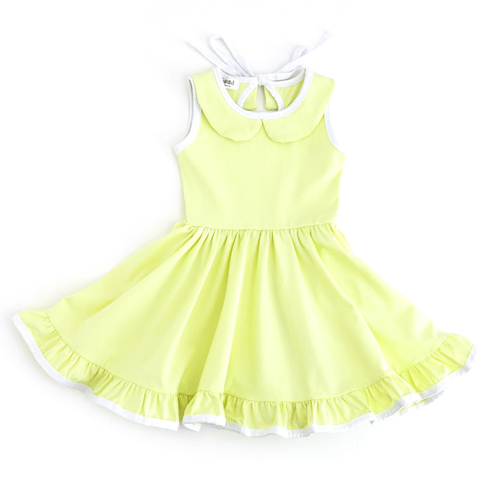 girls light greenish yellow sleeveless twirl dress with peter pan collar, white tie and keyhole tie back