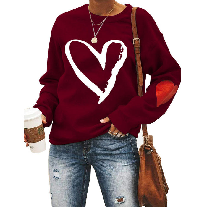 Love Heart Printed Round Neck Long Sleeve Women's Loose Sweater