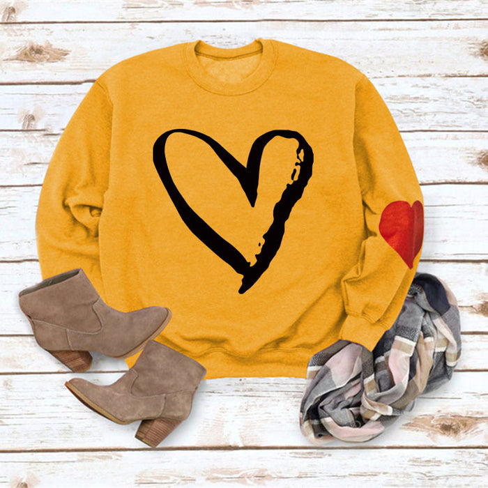 Love Heart Printed Round Neck Long Sleeve Women's Loose Sweater