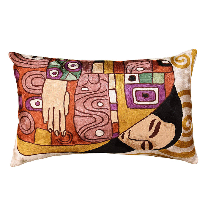 Lumbar Klimt Embrace Decorative Pillow Cover Hand embroidered Art Silk 14x20" - KashmirDesigns