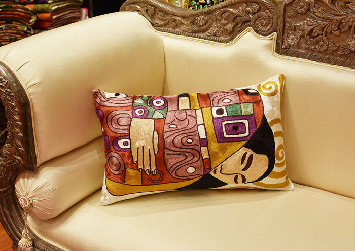 Lumbar Klimt Embrace Decorative Pillow Cover Hand embroidered Art Silk 14x20" - KashmirDesigns