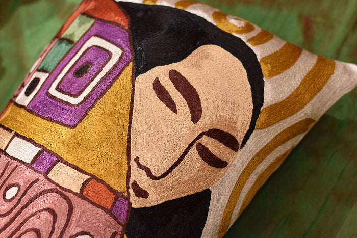 Lumbar Klimt Embrace Decorative Pillow Cover Hand embroidered Art Silk 14x20" - KashmirDesigns