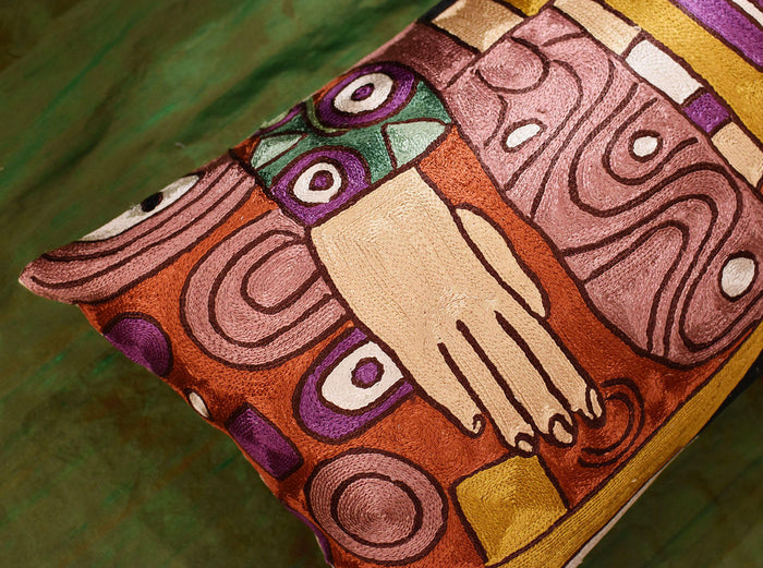 Lumbar Klimt Embrace Decorative Pillow Cover Hand embroidered Art Silk 14x20" - KashmirDesigns