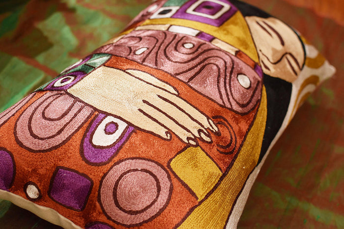 Lumbar Klimt Embrace Decorative Pillow Cover Hand embroidered Art Silk 14x20" - KashmirDesigns