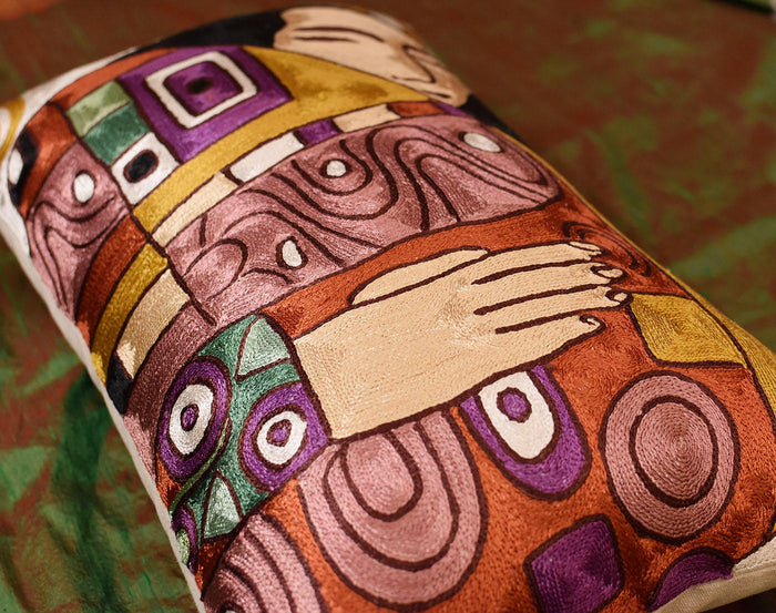 Lumbar Klimt Embrace Decorative Pillow Cover Hand embroidered Art Silk 14x20" - KashmirDesigns