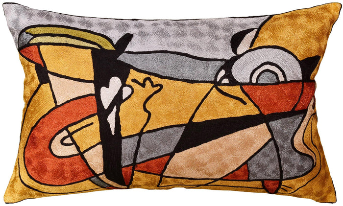 Lumbar Modern Abstract Pillow Cover Yellow Gold Throw Pillowcase Hand Embroidered Art Silk 13x21" - Kashmir Designs