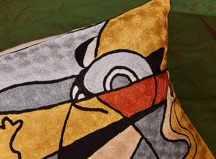 Lumbar Modern Abstract Pillow Cover Yellow Gold Throw Pillowcase Hand Embroidered Art Silk 13x21" - Kashmir Designs