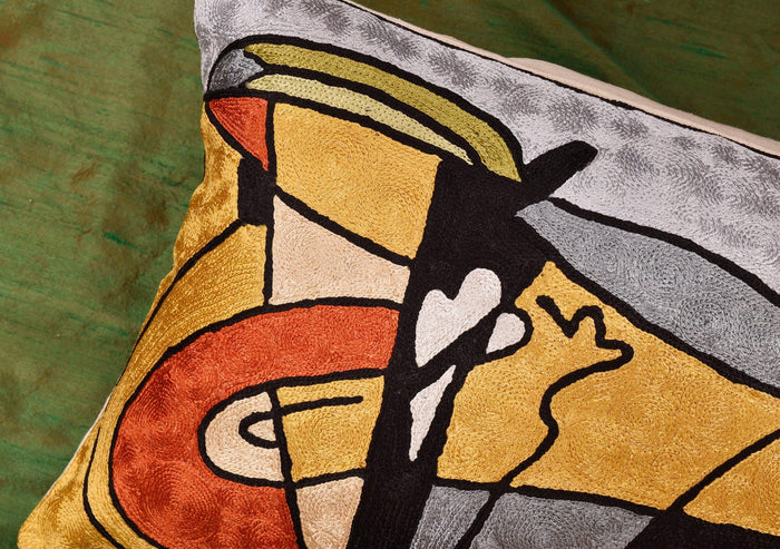 Lumbar Modern Abstract Pillow Cover Yellow Gold Throw Pillowcase Hand Embroidered Art Silk 13x21" - Kashmir Designs