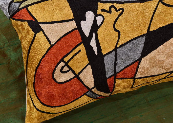 Lumbar Modern Abstract Pillow Cover Yellow Gold Throw Pillowcase Hand Embroidered Art Silk 13x21" - Kashmir Designs