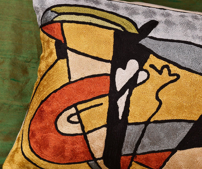 Lumbar Modern Abstract Pillow Cover Yellow Gold Throw Pillowcase Hand Embroidered Art Silk 13x21" - Kashmir Designs