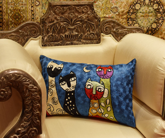 Lumbar Picasso Four Cats Rectangle Pillow Cover Handembroidered Art Silk 13"x21" - KashmirDesigns