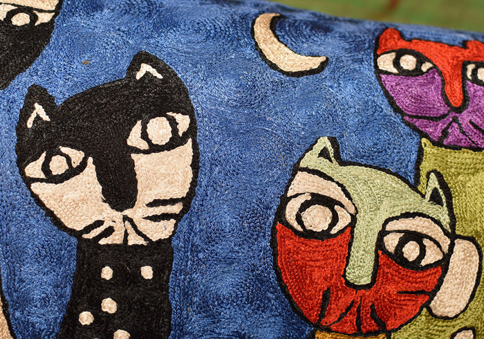 Lumbar Picasso Four Cats Rectangle Pillow Cover Handembroidered Art Silk 13"x21" - KashmirDesigns