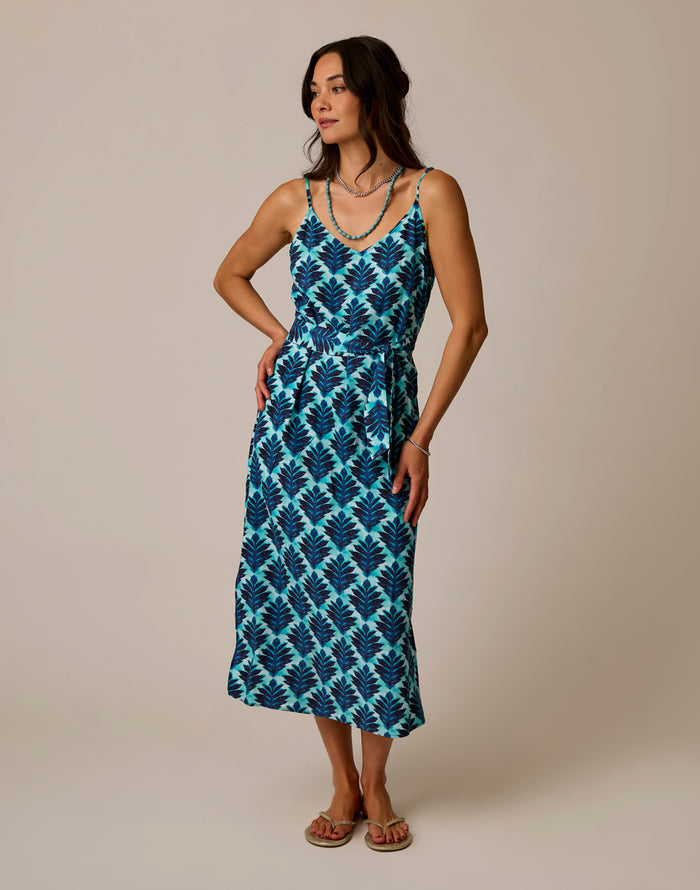 Macy Dress Fronds cami dress in multi blue with adjustable tie waist smocked back waistband and adjustable straps