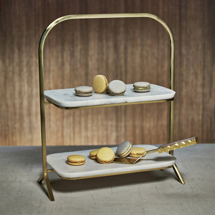 Madeleine Marble Two-Tier Stand - Gold & White Marble - Serveware by Carlyle Avenue