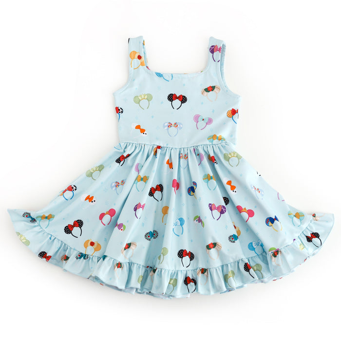 girls' light blue sleeveless twirl dress with character inspired minnie mouse ears print
