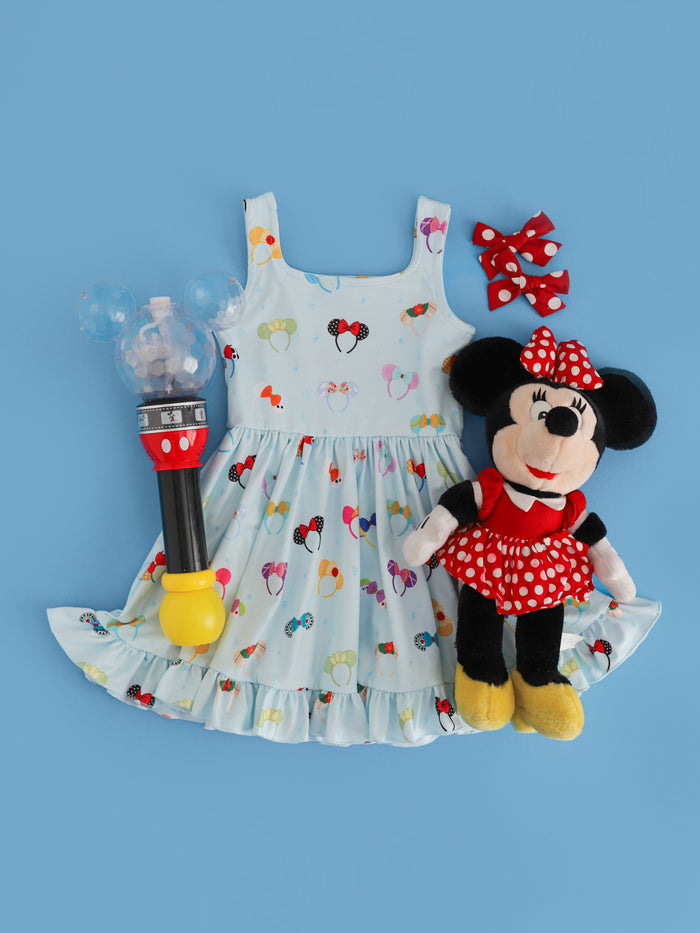 girls' blue sleeveless magical ear print twirl dress with classic minnie toys and minnie dot pigtail bows
