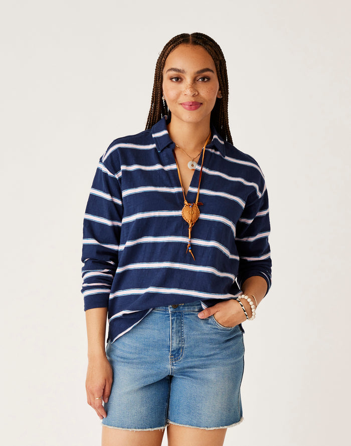 Mara Slub Polo: Navy Rugby Stripe - FINAL SALE