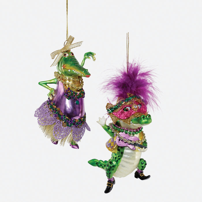 Mardi Gras Crocodile Glass Ornament, Set of 2 Assorted