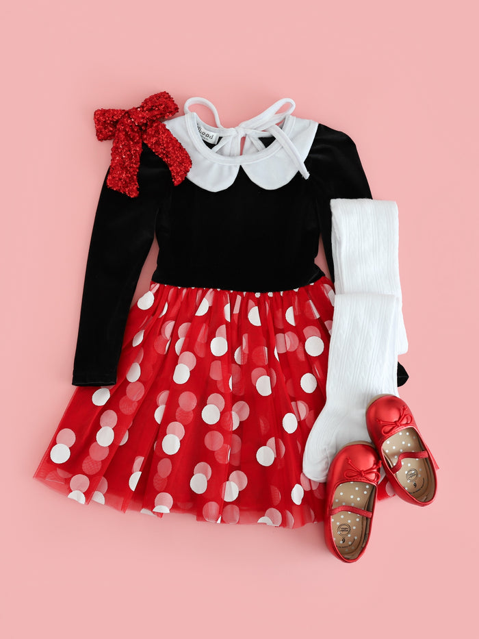 flatly of girls' Minnie inspired velvet tutu dress featuring black velvet long sleeve bodice with white collar and red with white polka dot printed tulle skirt paired with matching accessories