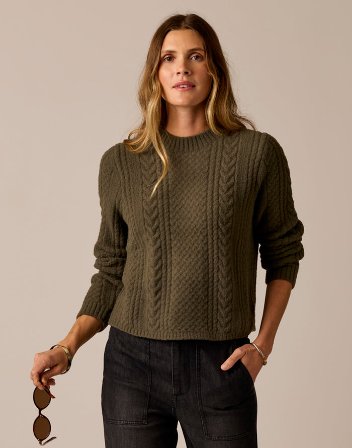 Monroe Cable Sweater: Dark Olive