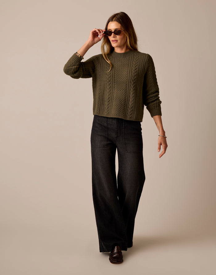 Monroe Cable Sweater: Dark Olive