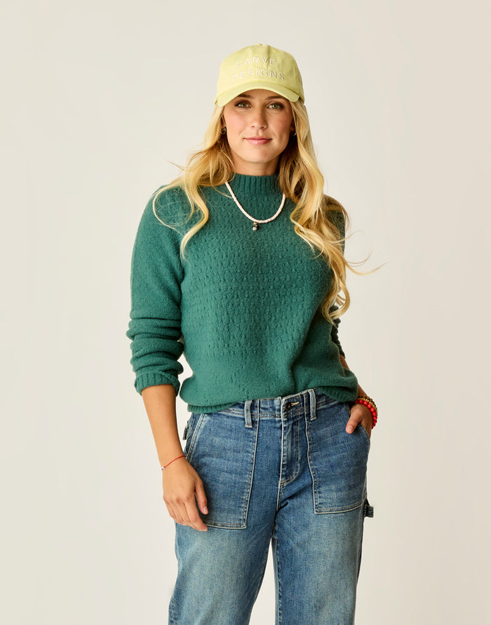 Monroe Stitched Sweater Bistro green crew neck with mixed stitch texture high-hip length Recycled Echo wool