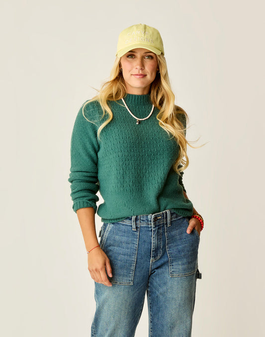 Monroe Stitched Sweater Bistro green crew neck with mixed stitch texture high-hip length Recycled Echo wool