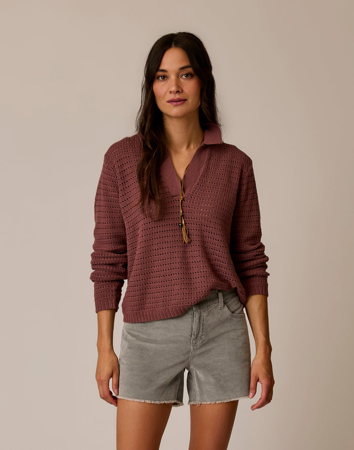 Morgan Polo Sweater Coco collared organic cotton knit with open airy stitch relaxed fit and rib hem