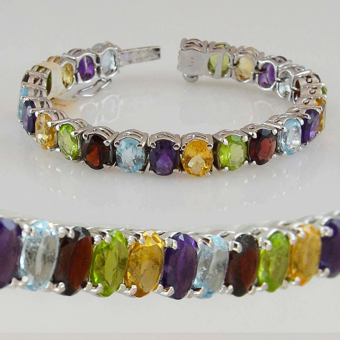 Multi Stone Natural Stone Bracelet Sterling Silver Oval - Kashmir Designs