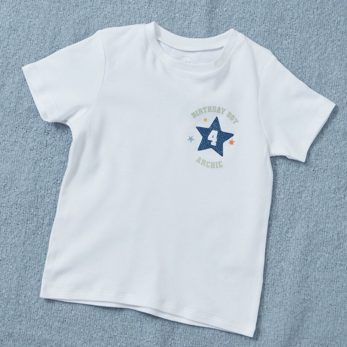 My Kids Personalised Birthday Boy Blue Star White T-Shirt