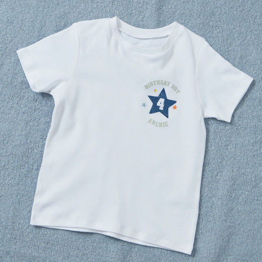 My Kids Personalised Birthday Boy Blue Star White T-Shirt