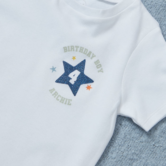 My Kids Personalised Birthday Boy Blue Star White T-Shirt