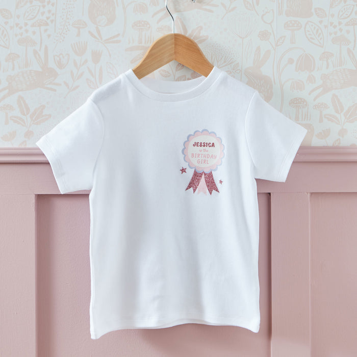 My Kids Personalised Birthday Girl Pink Ribbon White T-Shirt