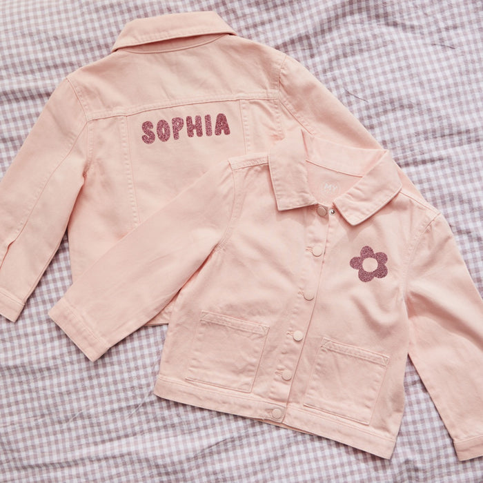 My Kids Personalised Flower Glitter Pink Denim Jacket